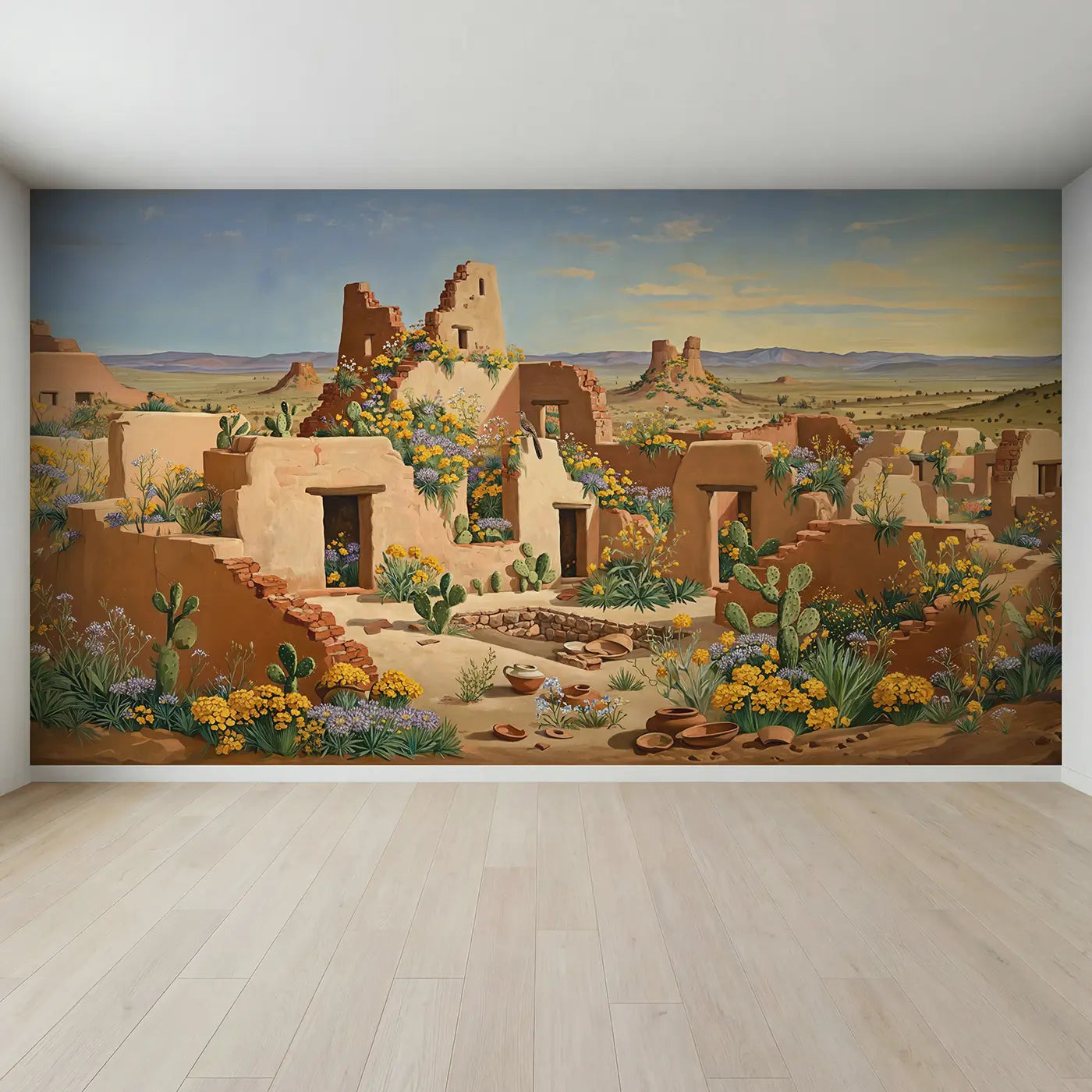 Full view of Pueblo Ruins Desert Wildflower Wallpaper Mural by Whimsy Tots