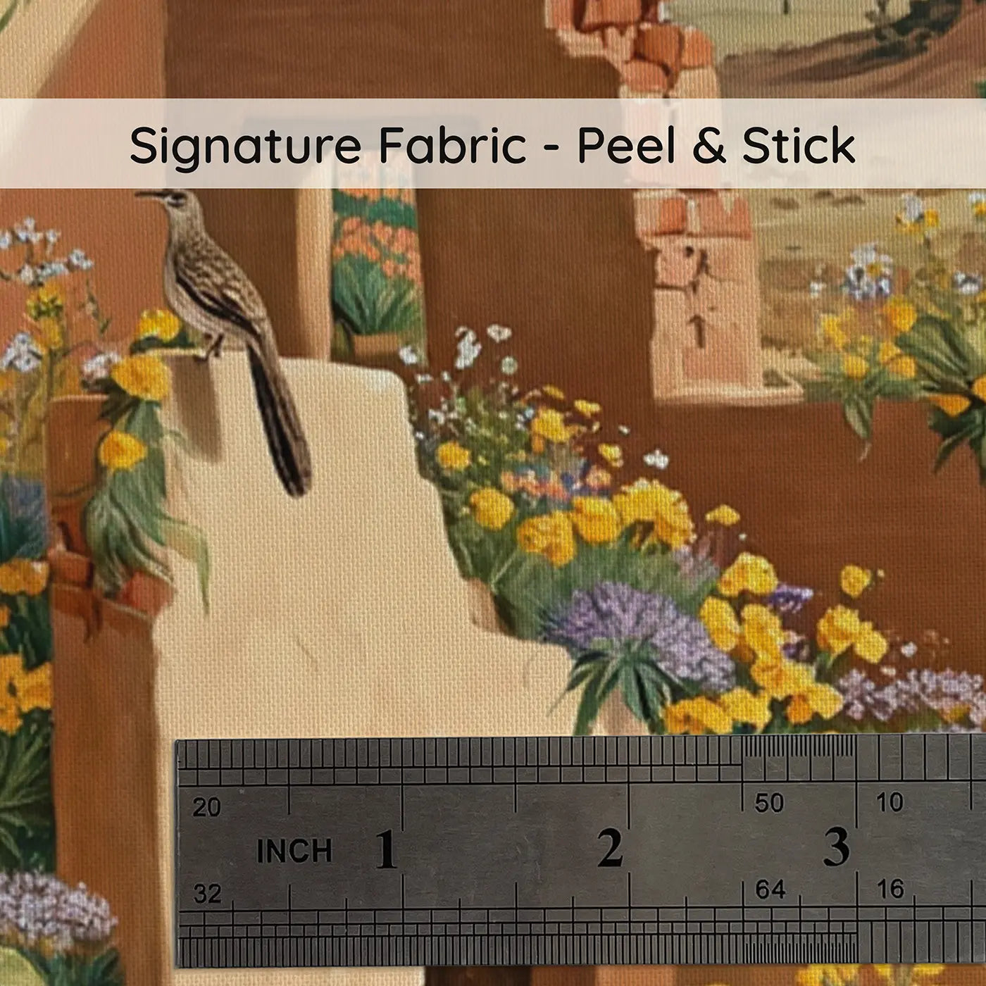 Fabric texture close-up of Pueblo Ruins Desert Wildflower Wallpaper Mural by Whimsy Tots