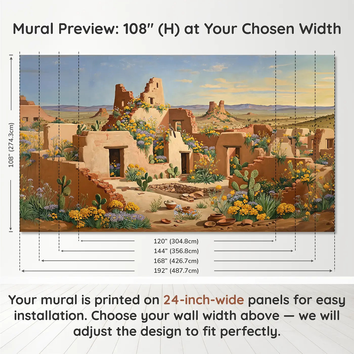 Panel layout and dimensions for Pueblo Ruins Desert Wildflower Wallpaper Mural by Whimsy Tots