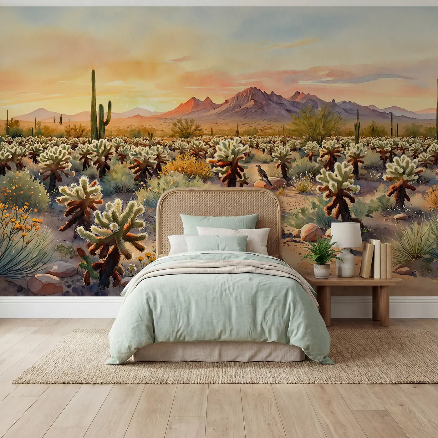 Watercolor cholla cactus garden sunset wallpaper mural for kids room by Whimsy Tots
