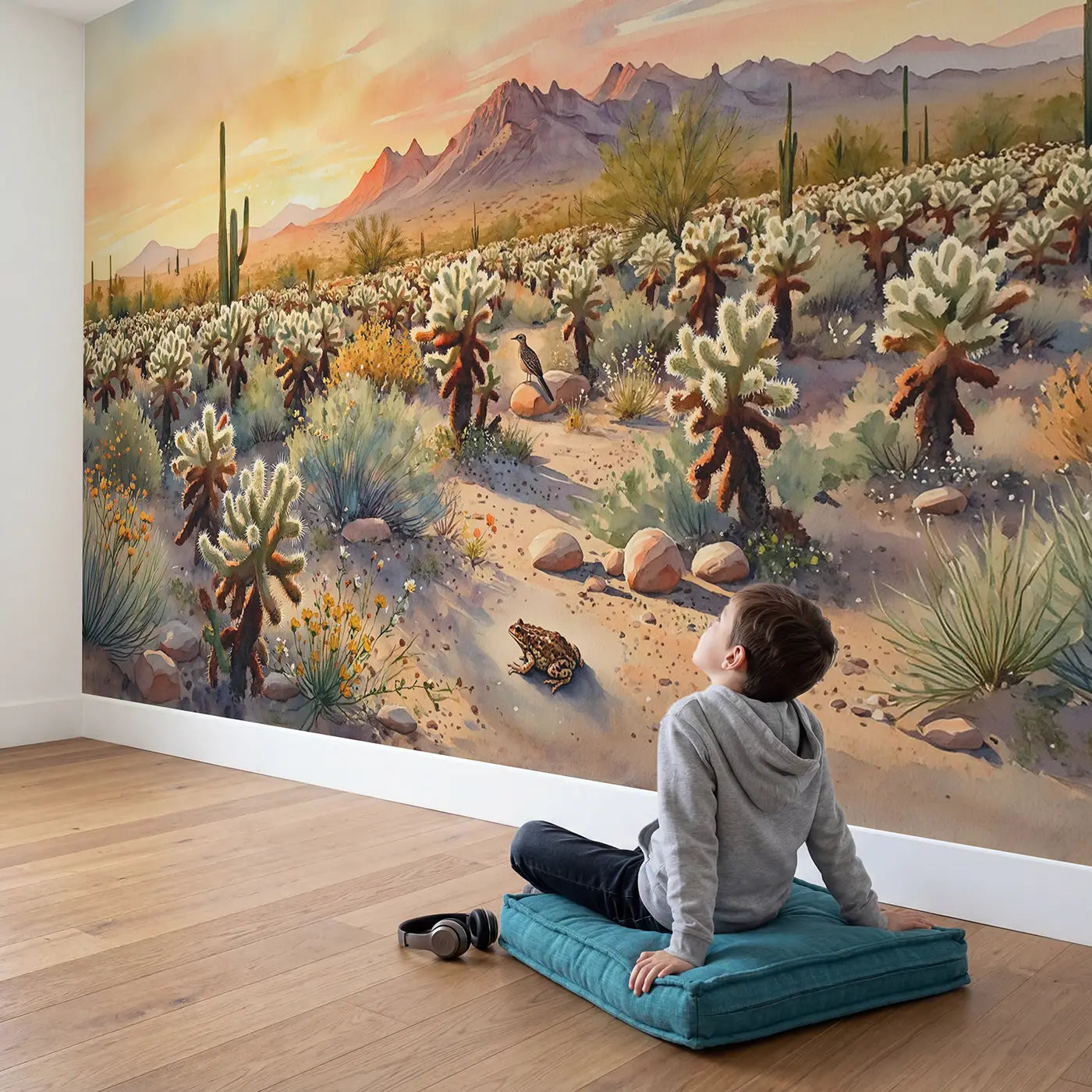 Child in nursery with Cholla Cactus Garden Sunset Wallpaper Mural by Whimsy Tots