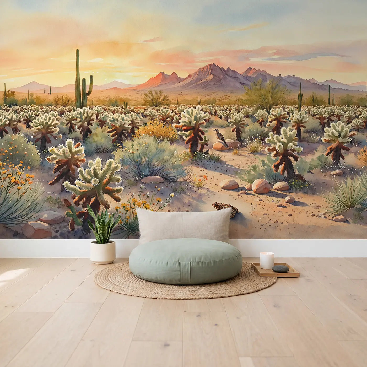 Cholla Cactus Garden Sunset Wallpaper Mural in playroom setting by Whimsy Tots