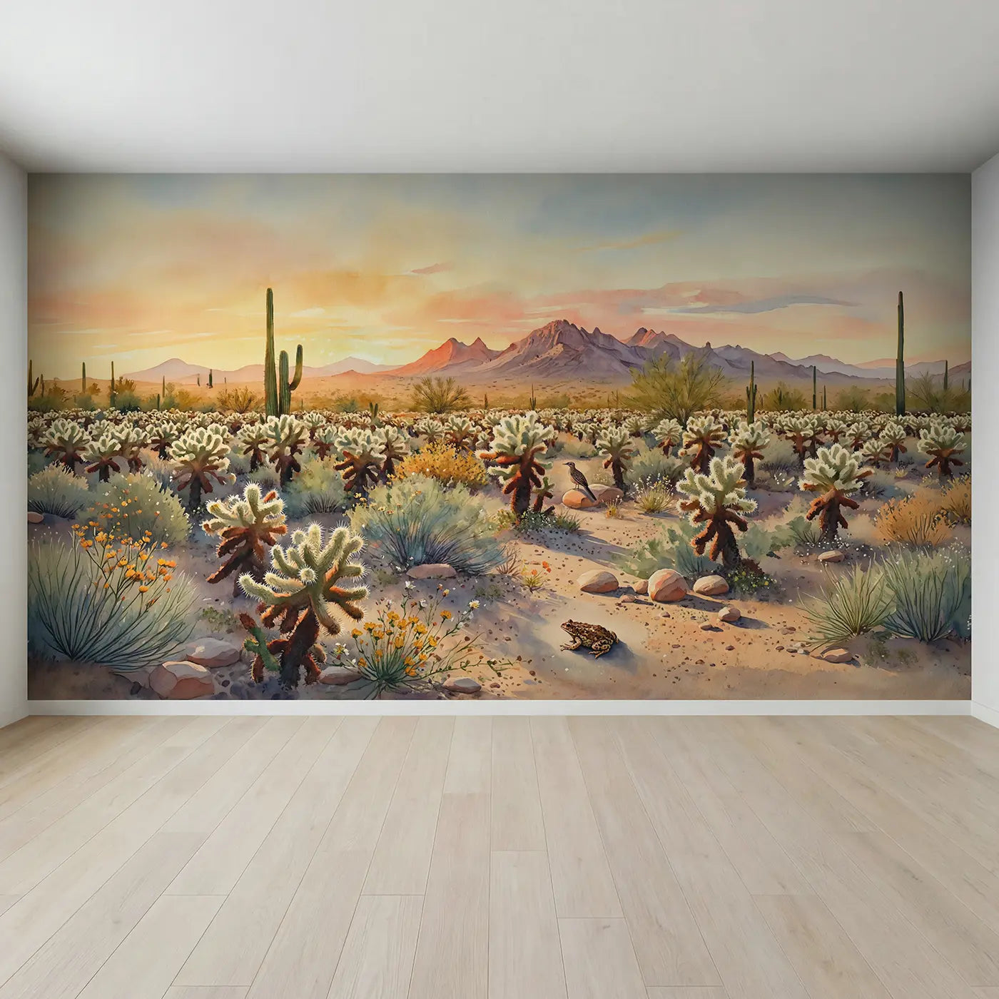 Full view of Cholla Cactus Garden Sunset Wallpaper Mural by Whimsy Tots