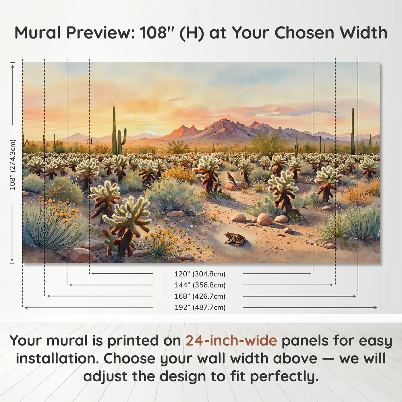 Panel layout and dimensions for Cholla Cactus Garden Sunset Wallpaper Mural by Whimsy Tots