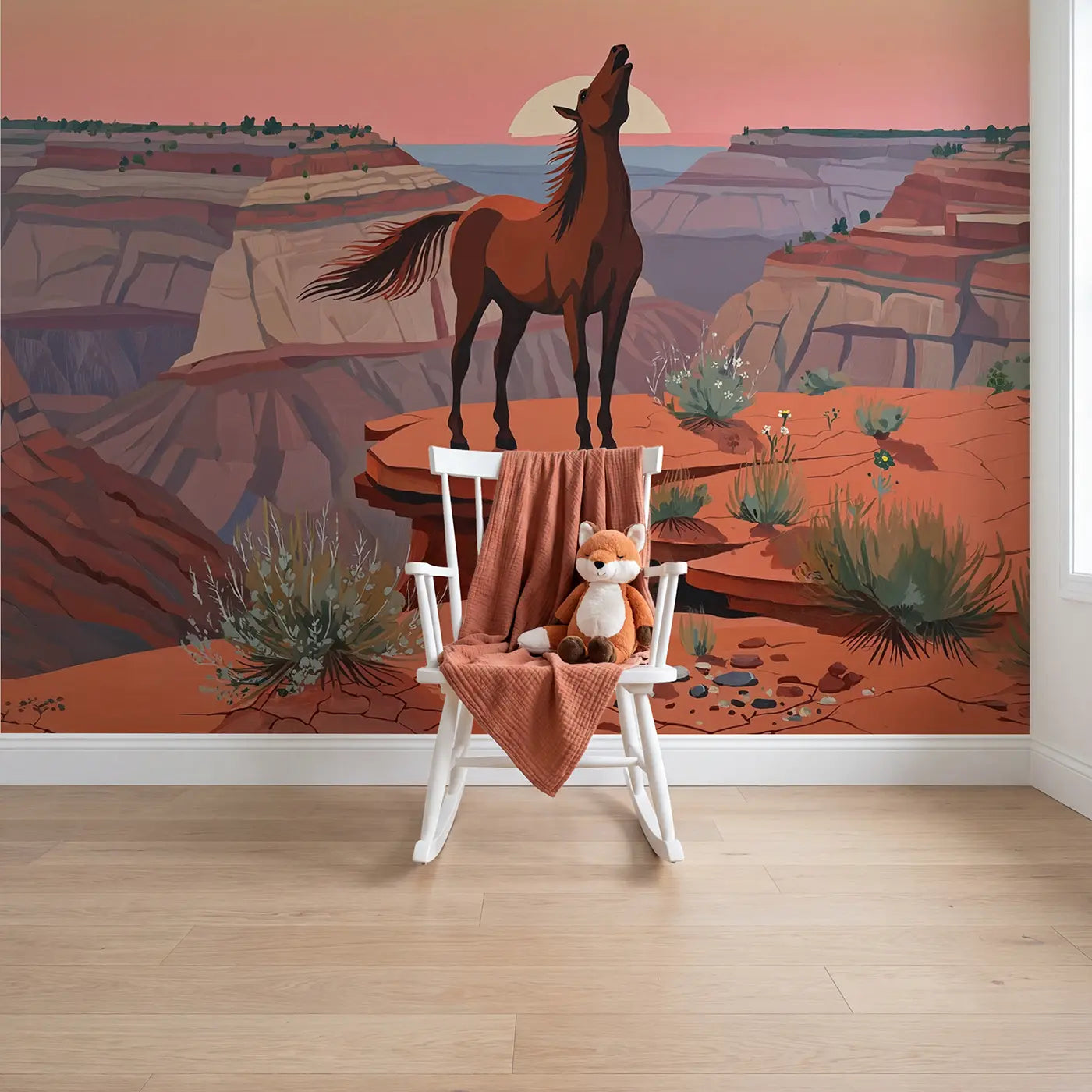 Modern illustration wild horse mesa desert wallpaper mural for girls room by Whimsy Tots