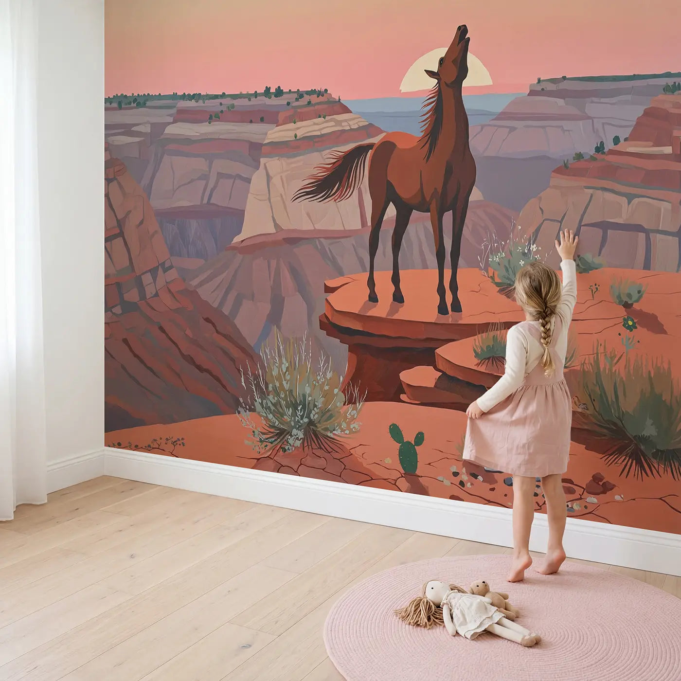 Child in nursery with Mesa Wild Horse Dawn Wallpaper Mural by Whimsy Tots
