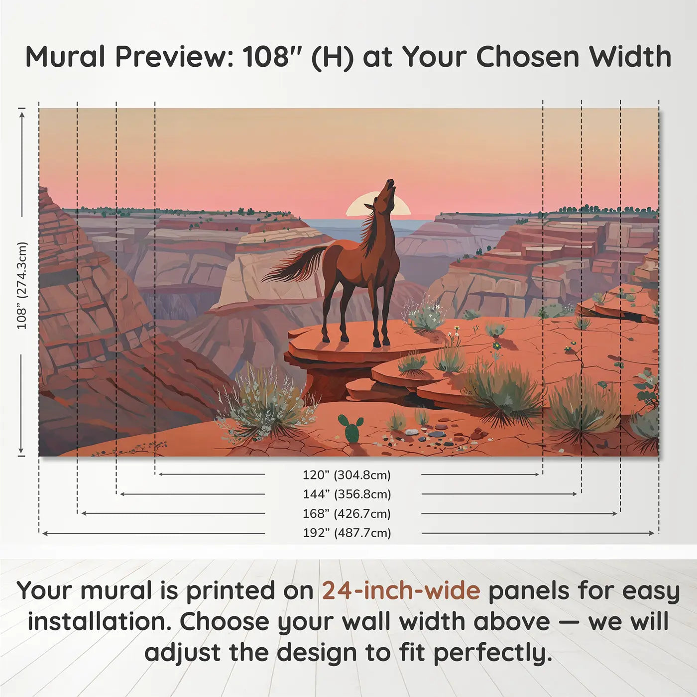 Panel layout and dimensions for Mesa Wild Horse Dawn Wallpaper Mural by Whimsy Tots