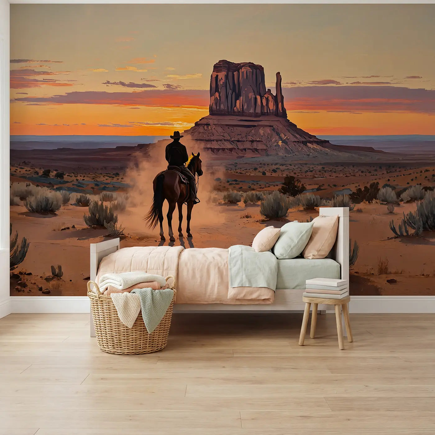 Painted Landscape canyon rider sunset silhouette wallpaper mural for girls room by Whimsy Tots