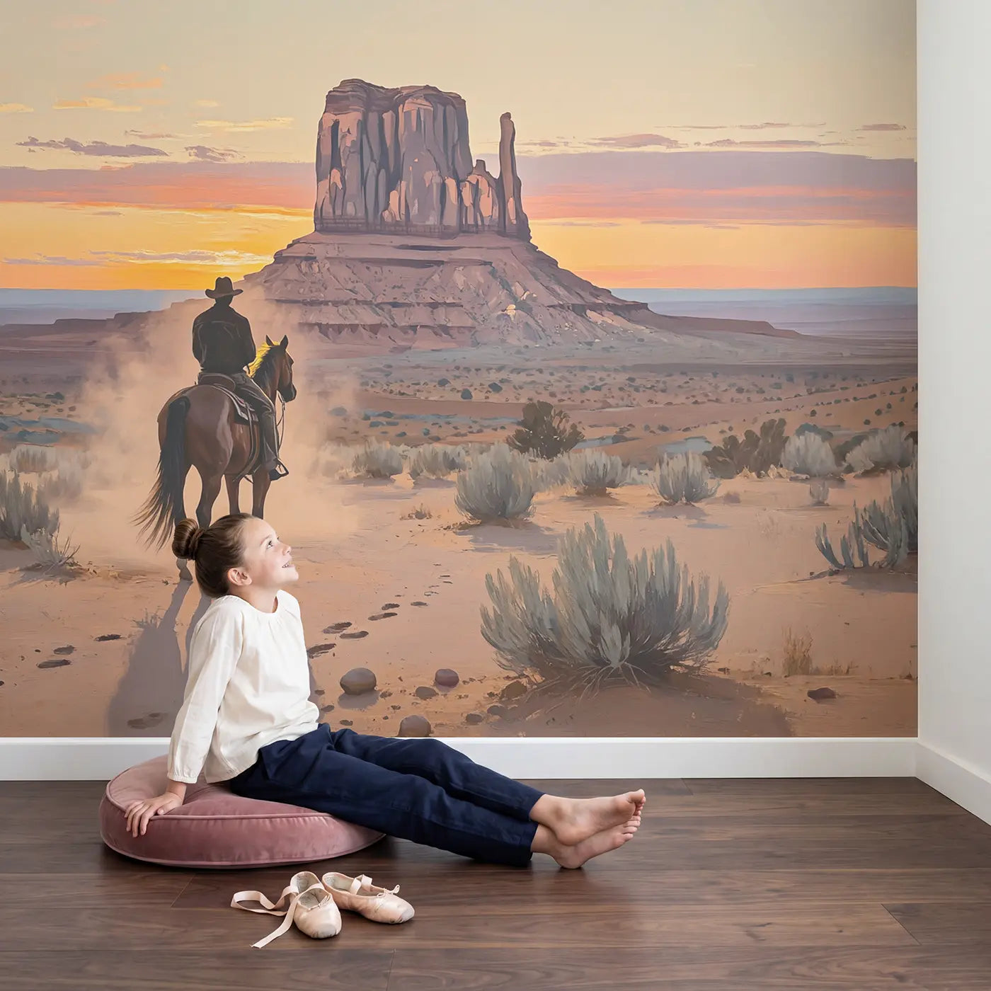 Child in nursery with Canyon Rider Sunset Silhouette Wallpaper Mural by Whimsy Tots