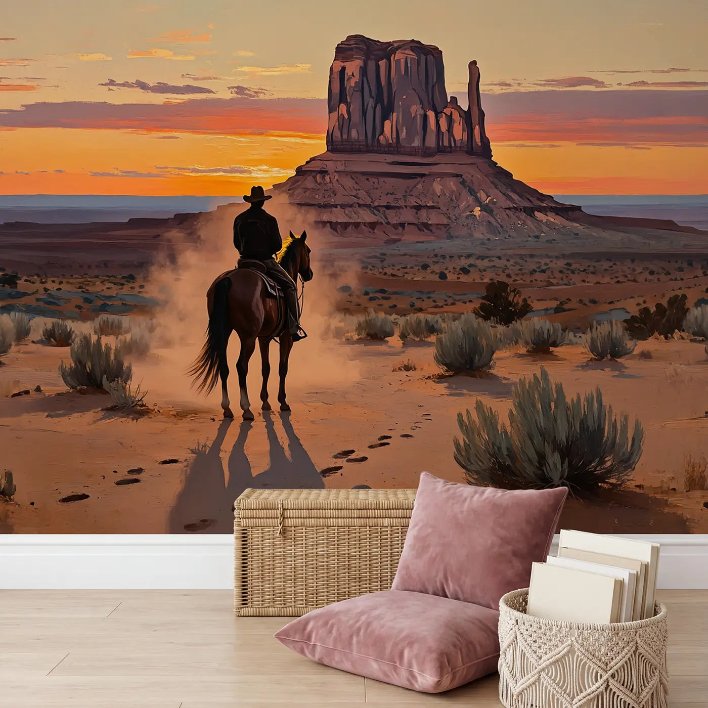 Canyon Rider Sunset Silhouette Wallpaper Mural in playroom setting by Whimsy Tots