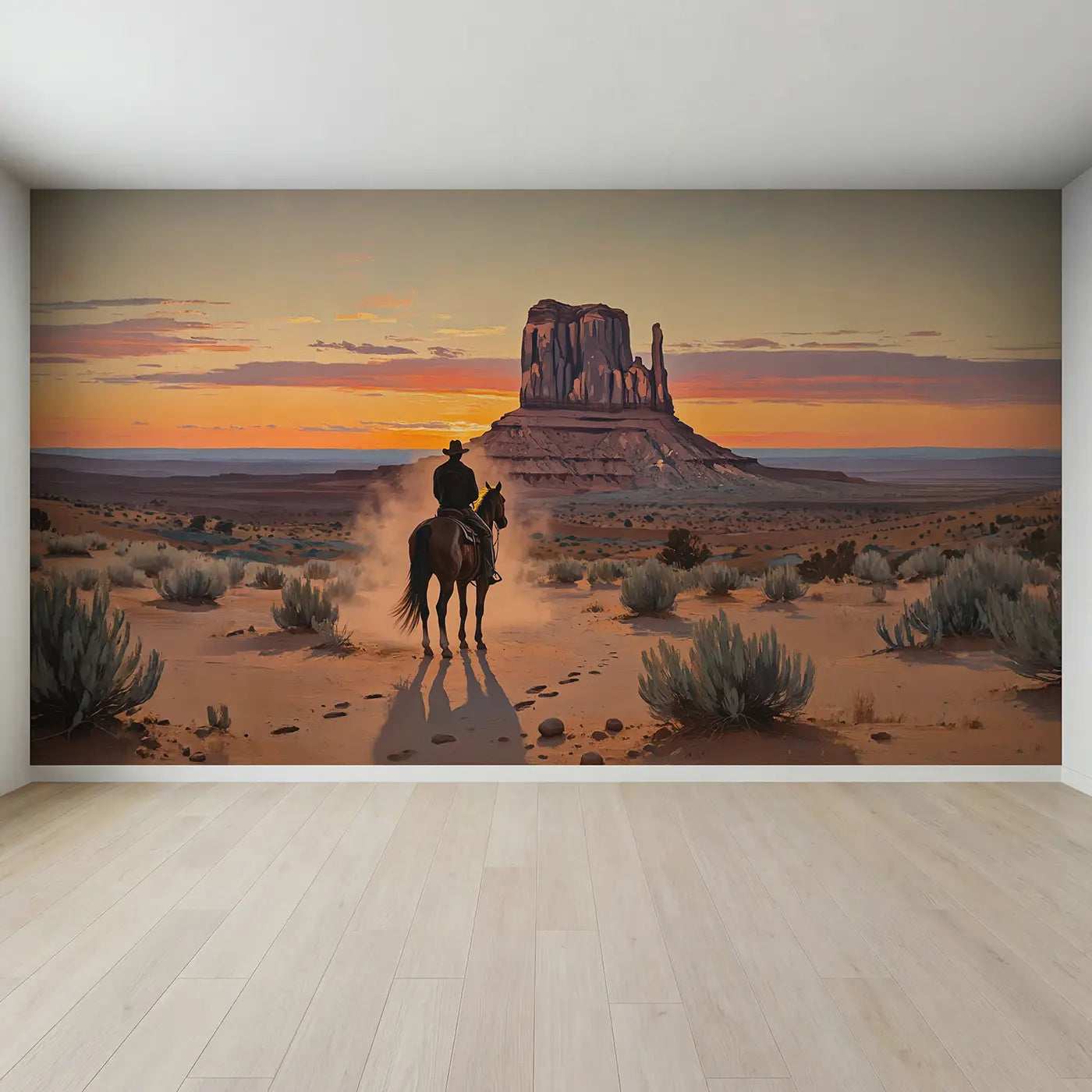 Full view of Canyon Rider Sunset Silhouette Wallpaper Mural by Whimsy Tots