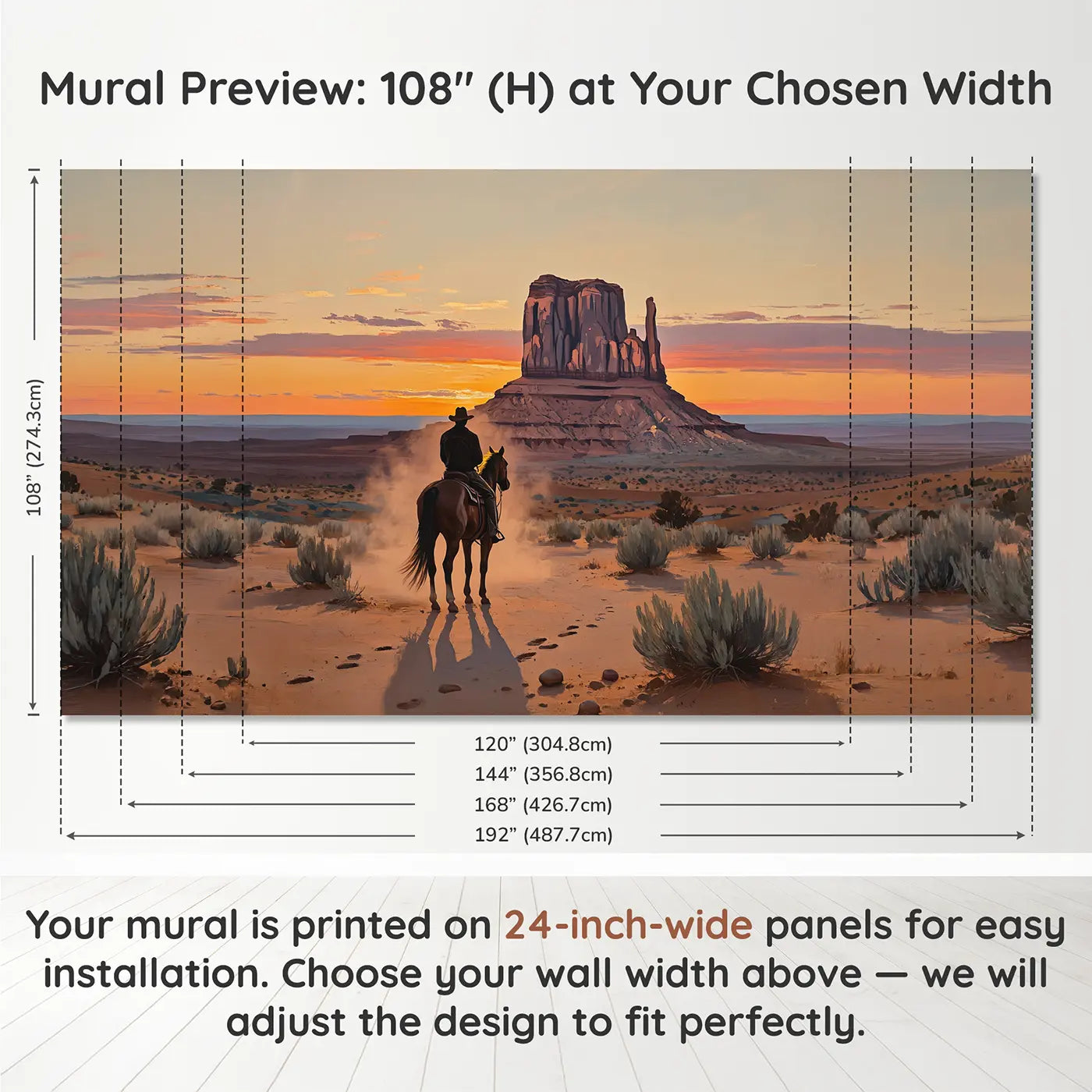 Panel layout and dimensions for Canyon Rider Sunset Silhouette Wallpaper Mural by Whimsy Tots