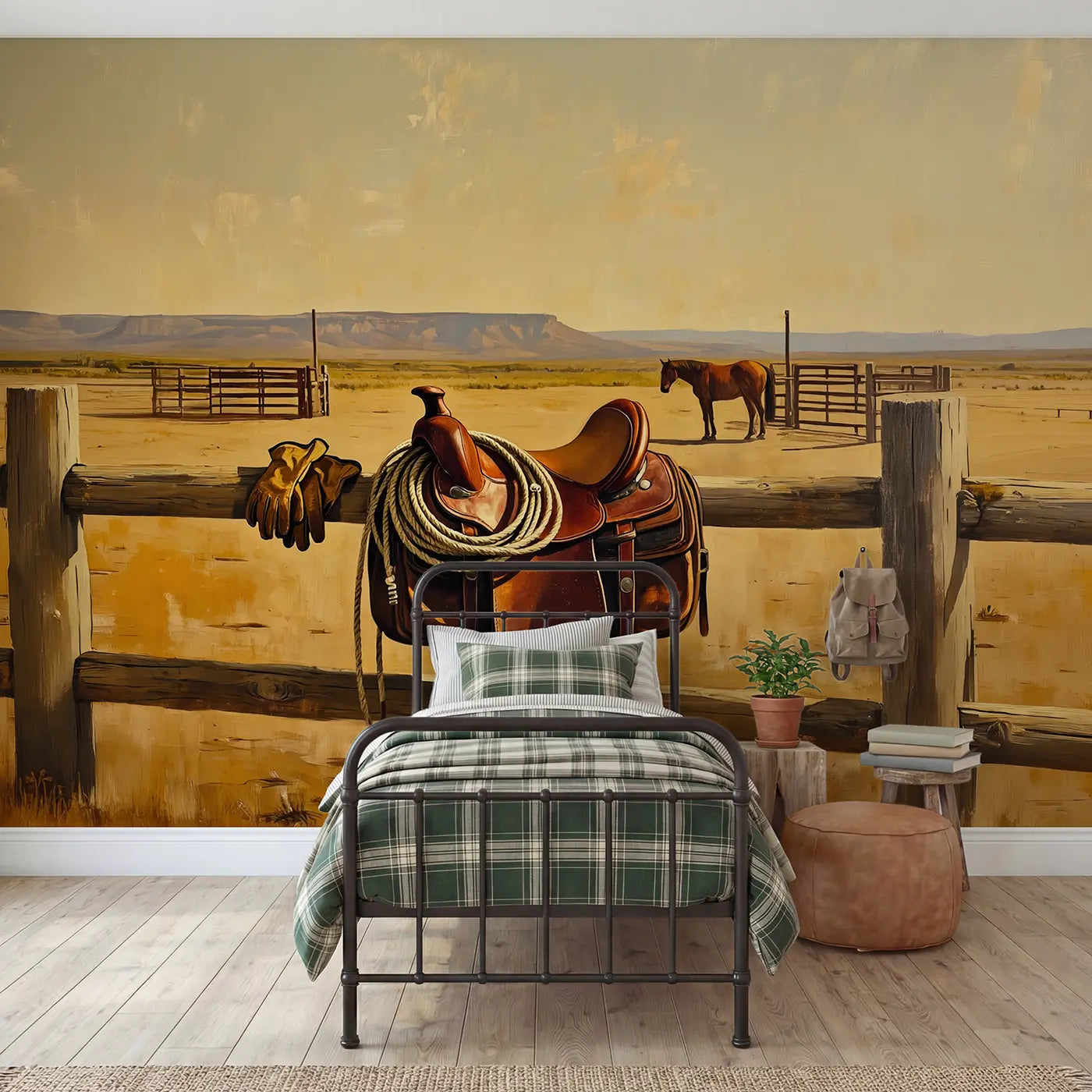 Painted landscape cowboy boot western desert wallpaper mural for kids room by Whimsy Tots