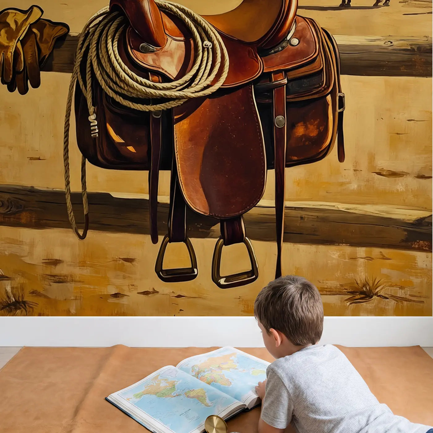 Child in nursery with Western Saddle Lasso Wallpaper Mural by Whimsy Tots