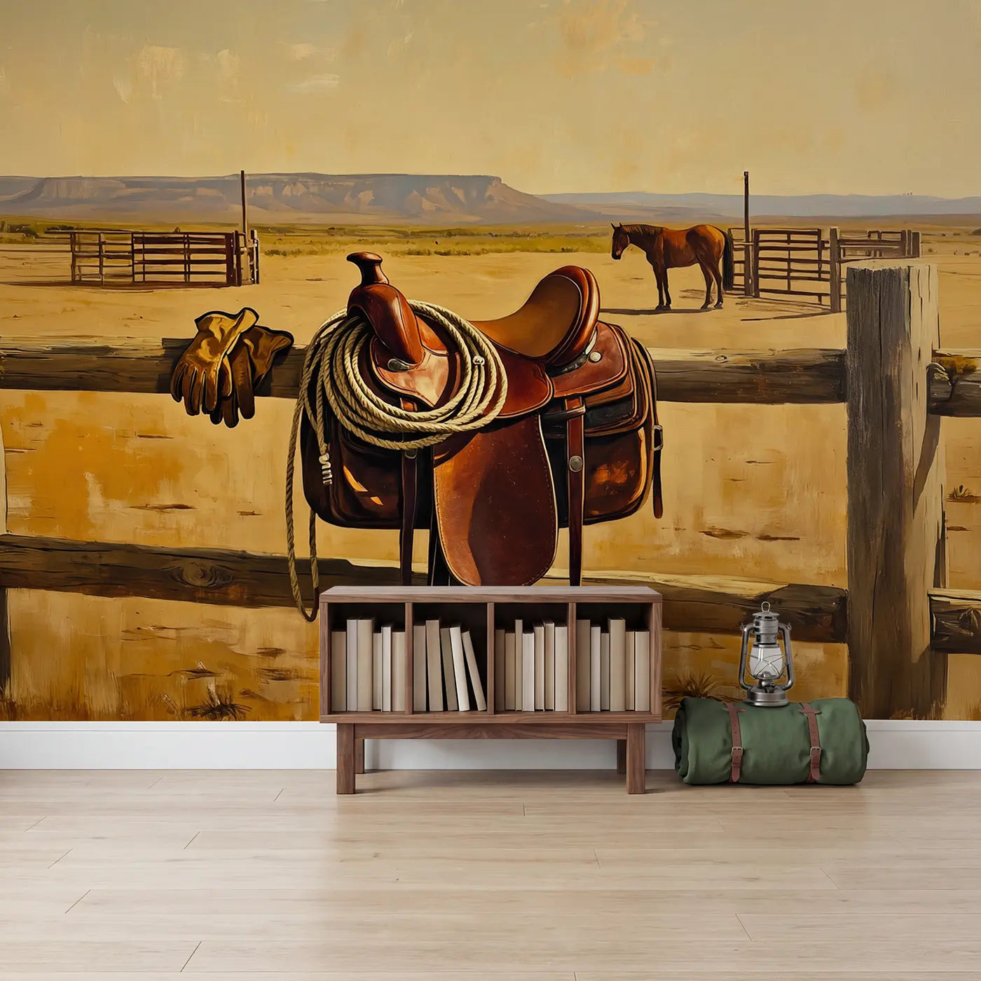 Western Saddle Lasso Wallpaper Mural in playroom setting by Whimsy Tots