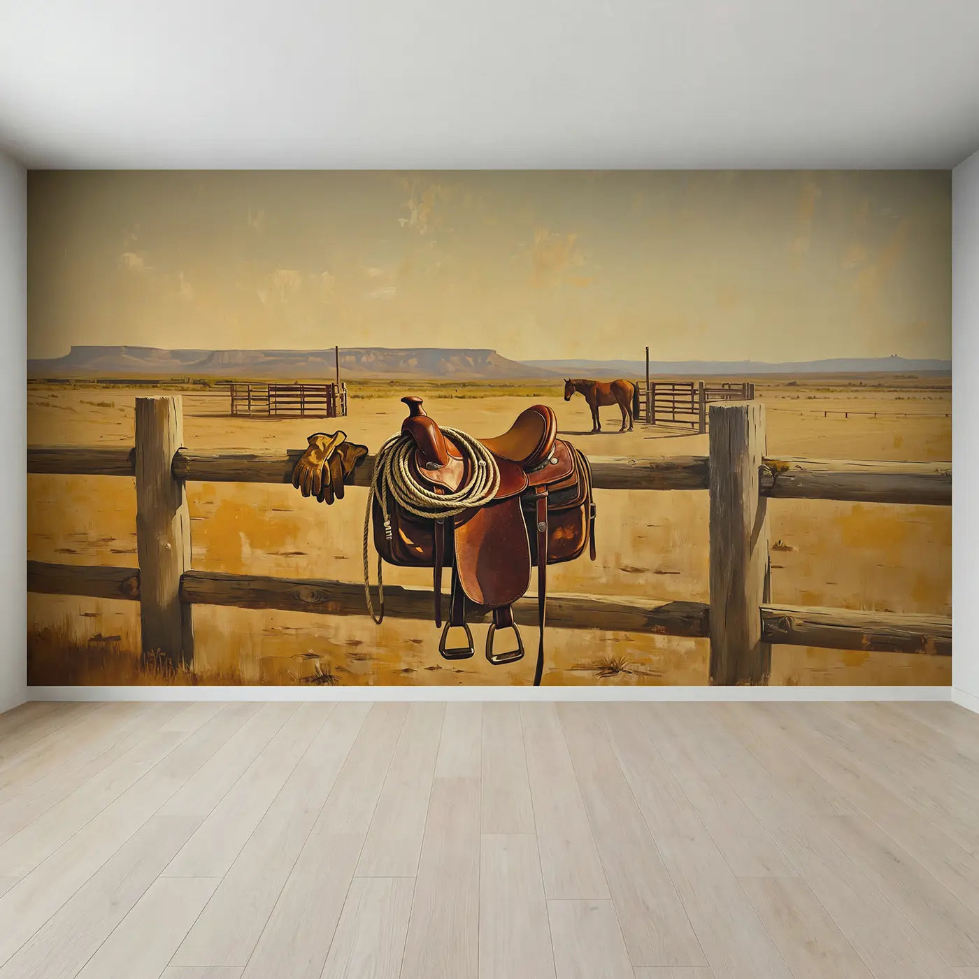 Full view of Western Saddle Lasso Wallpaper Mural by Whimsy Tots