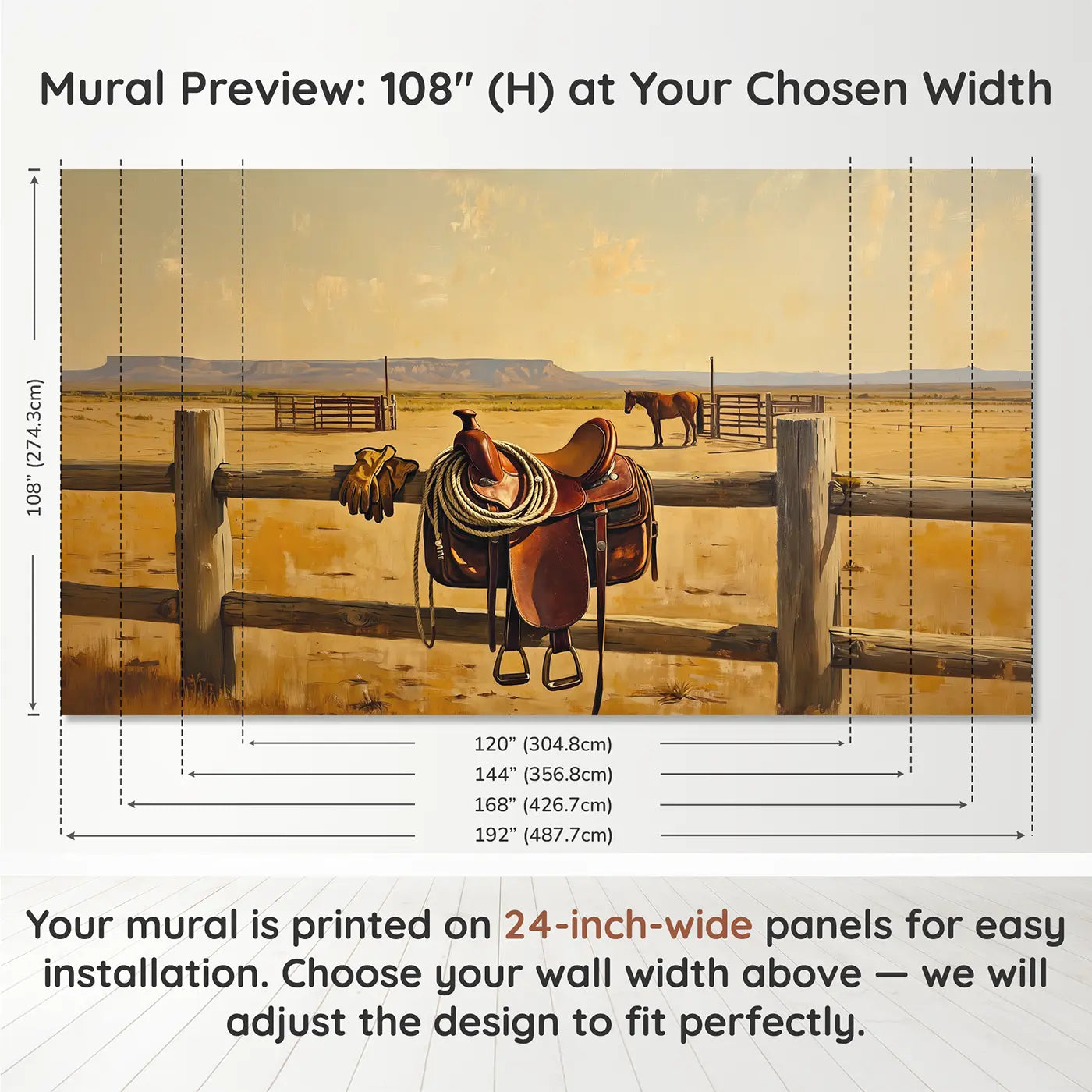 Panel layout and dimensions for Western Saddle Lasso Wallpaper Mural by Whimsy Tots