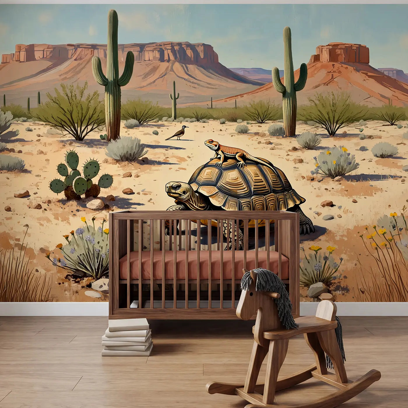 Painted landscape desert friends cactus wallpaper mural for kids room by Whimsy Tots