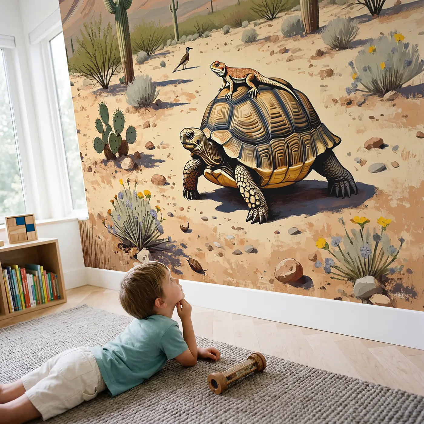 Child in nursery with Desert Friends Sunbathing Wallpaper Mural by Whimsy Tots