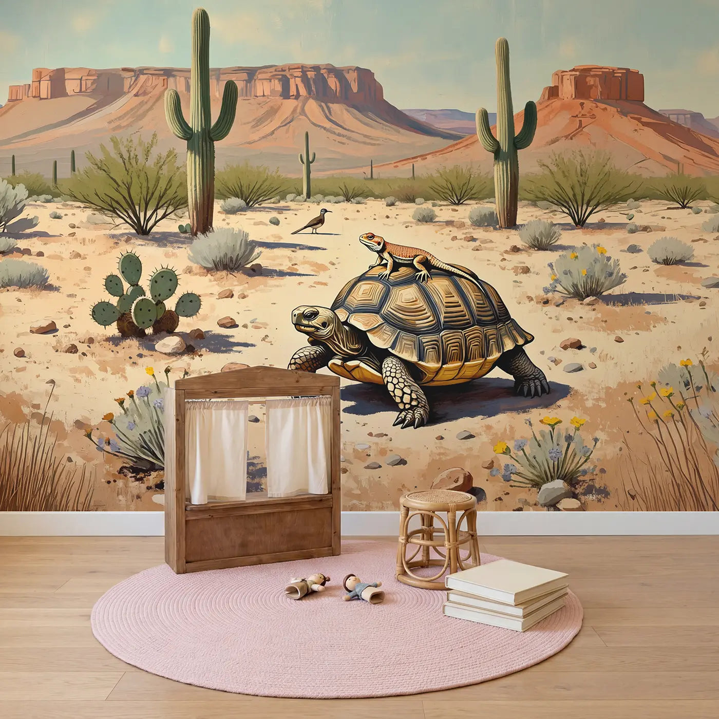 Desert Friends Sunbathing Wallpaper Mural in playroom setting by Whimsy Tots