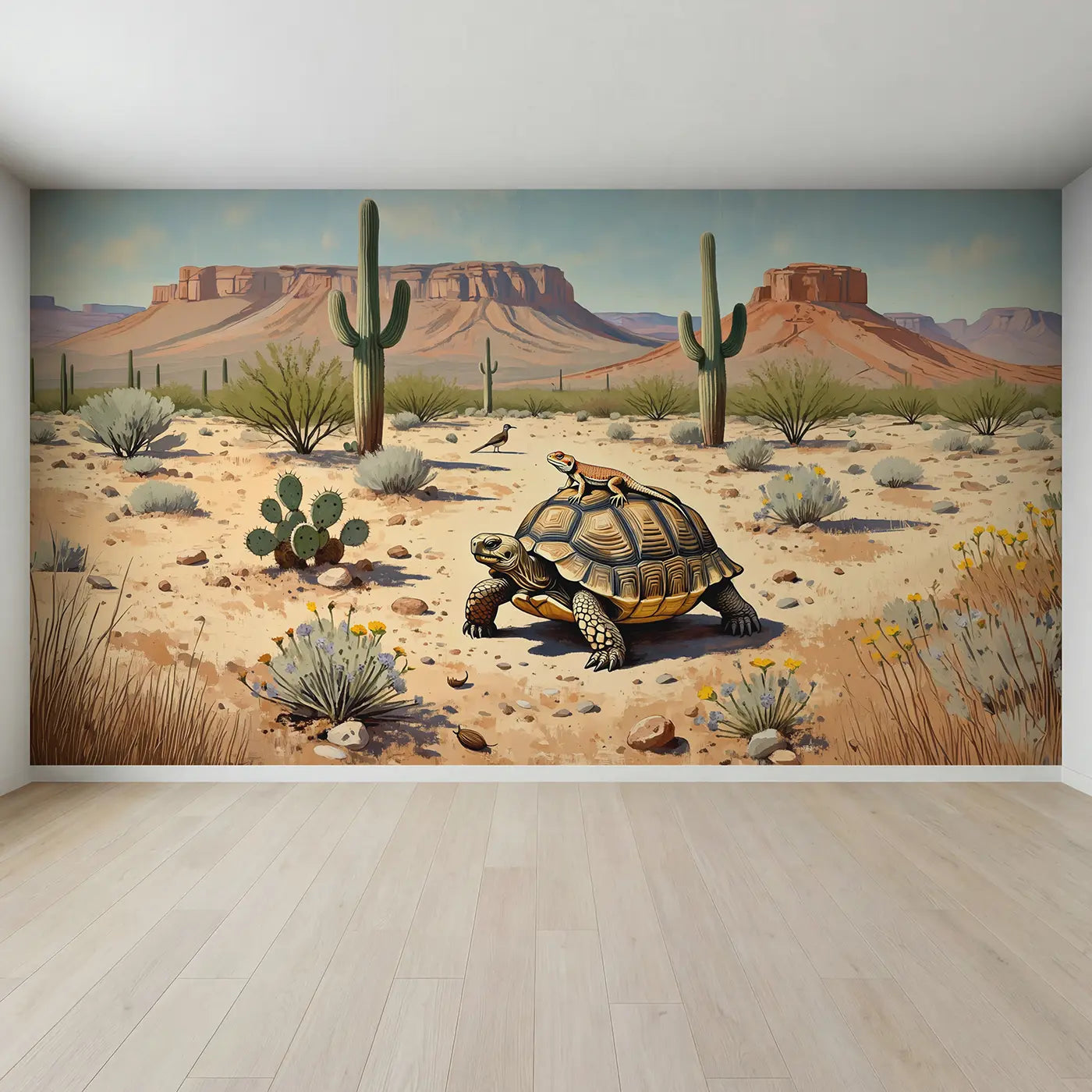 Full view of Desert Friends Sunbathing Wallpaper Mural by Whimsy Tots
