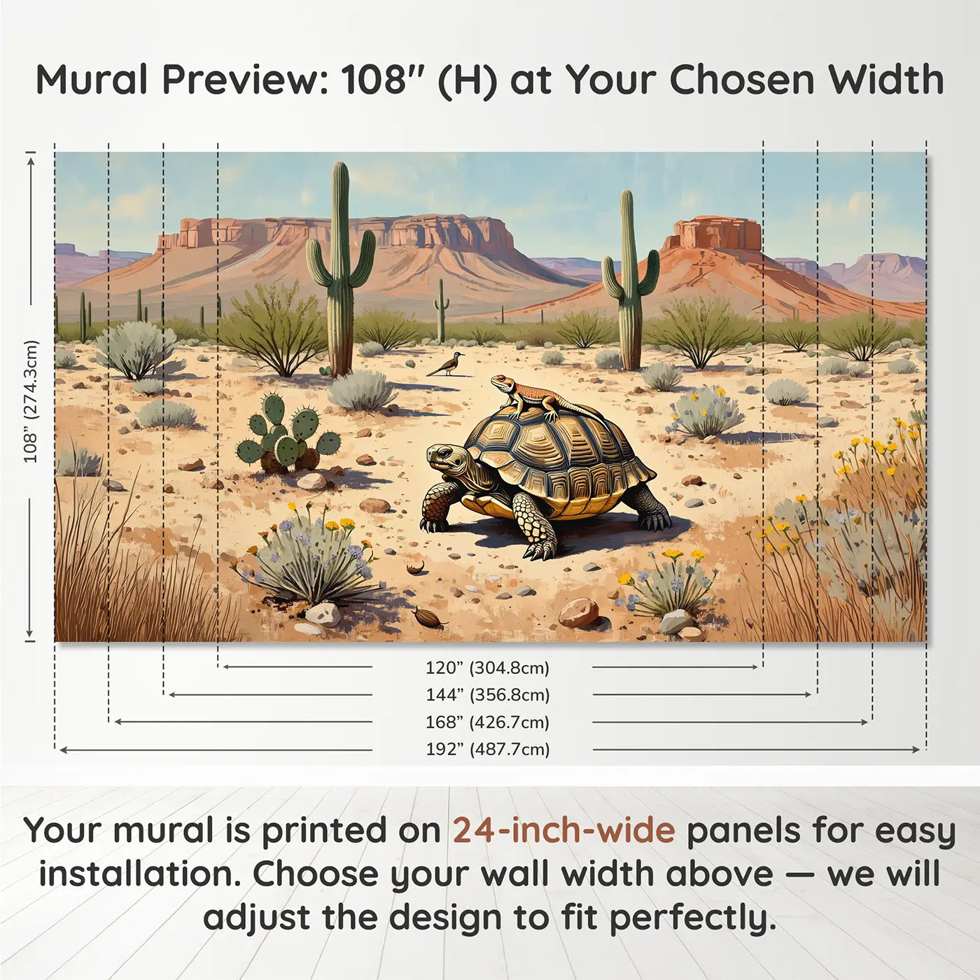 Panel layout and dimensions for Desert Friends Sunbathing Wallpaper Mural by Whimsy Tots