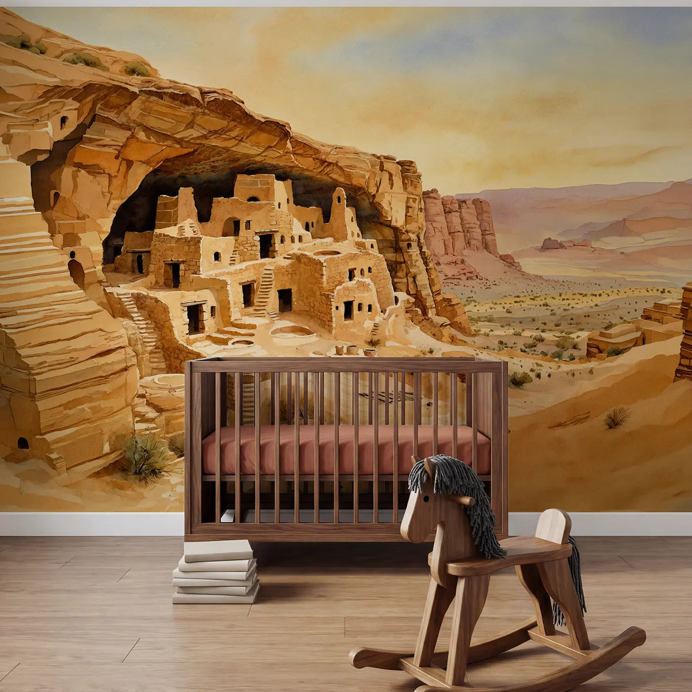 Watercolor mesa verde cliff dwelling wallpaper mural for nursery by Whimsy Tots