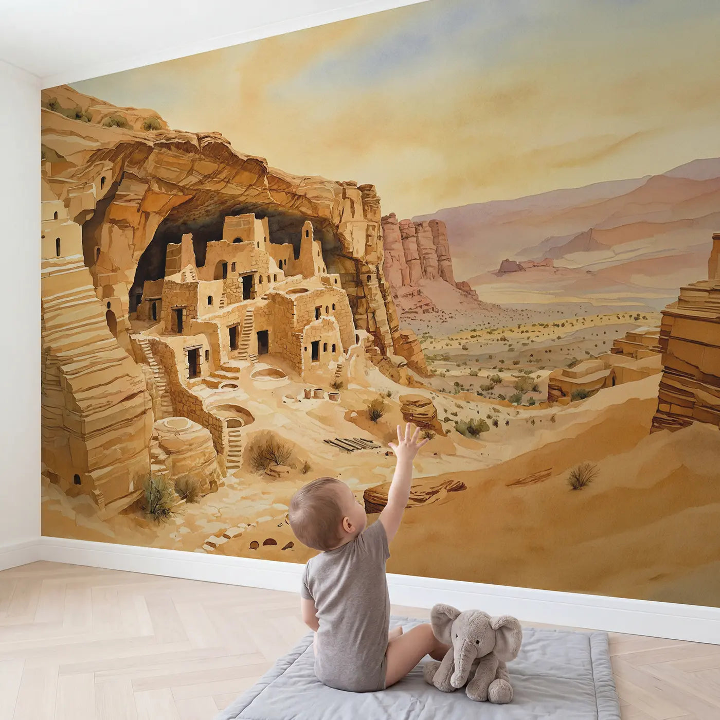 Child in nursery with Mesa Verde Cliff Dwelling Wallpaper Mural by Whimsy Tots