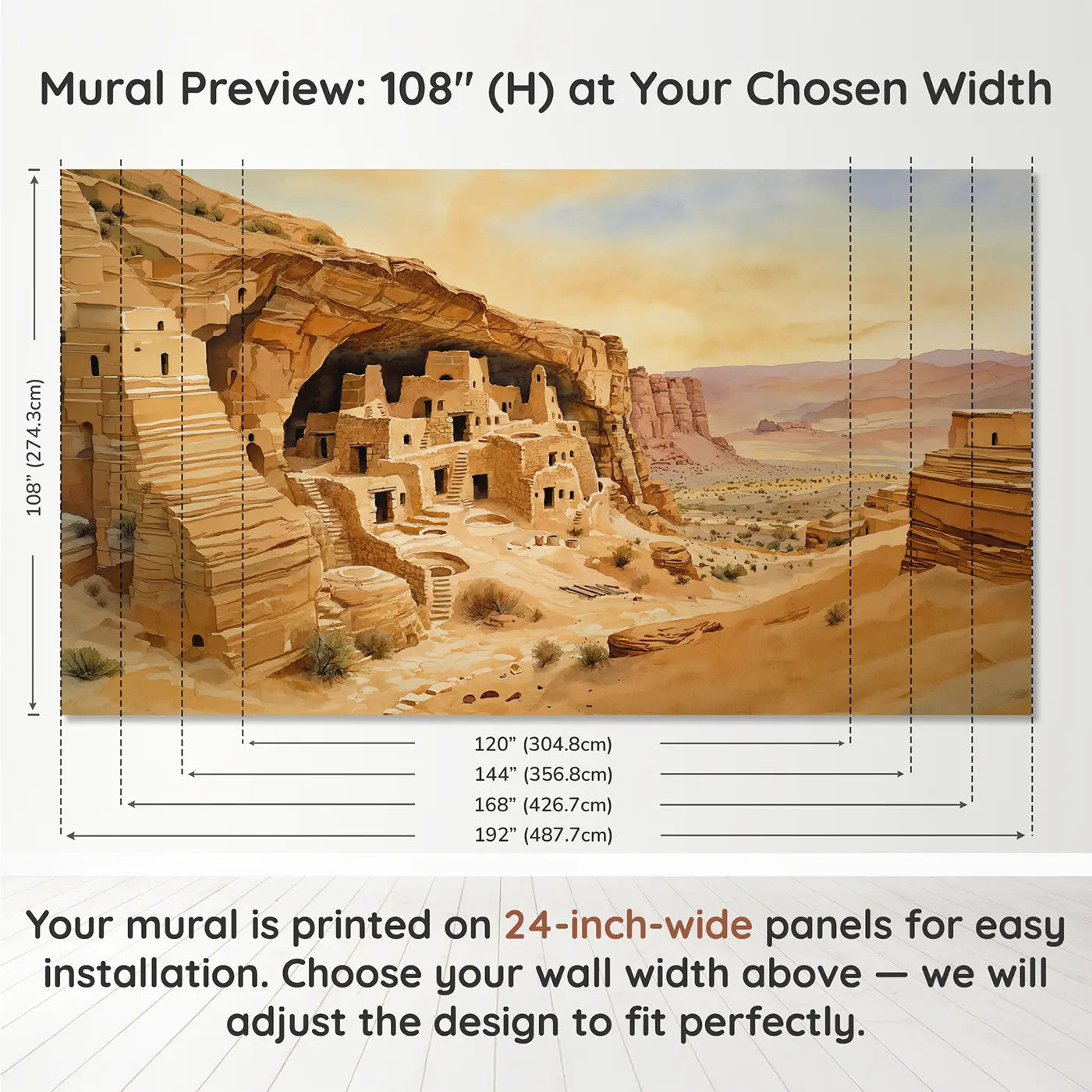 Panel layout and dimensions for Mesa Verde Cliff Dwelling Wallpaper Mural by Whimsy Tots