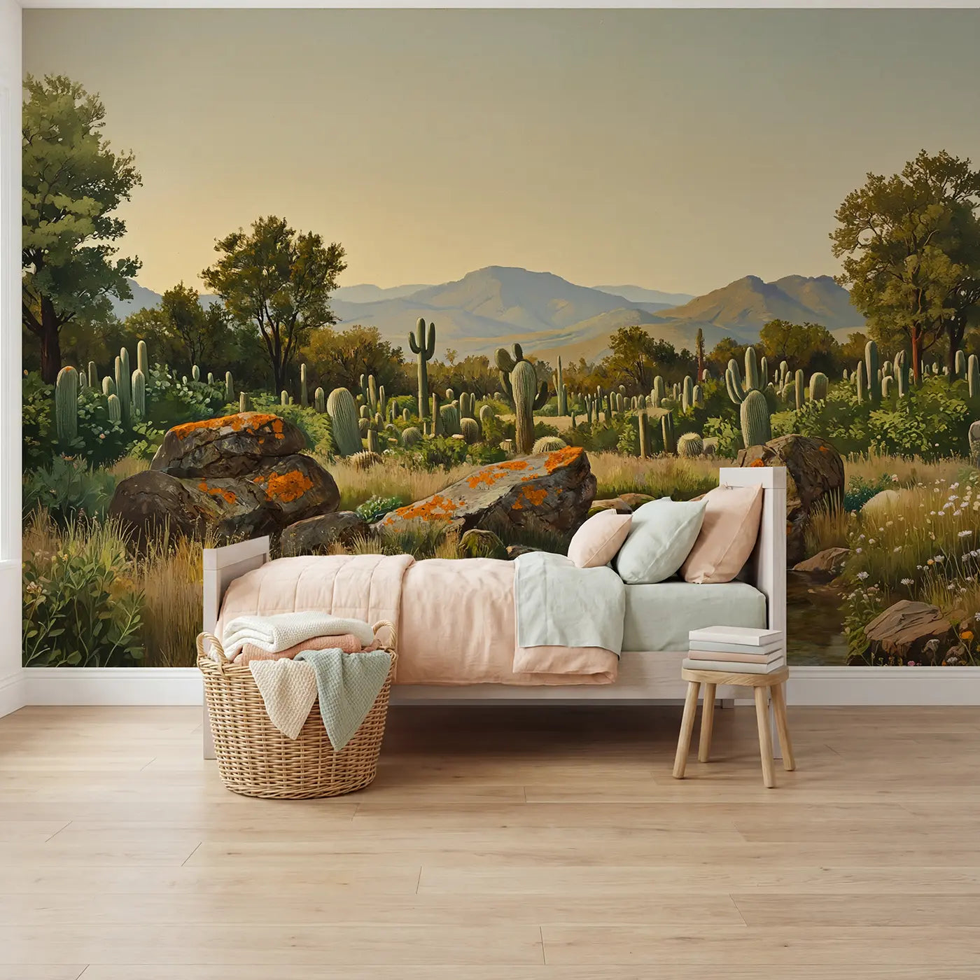painted cactus garden desert mountain wallpaper mural for girls room by Whimsy Tots