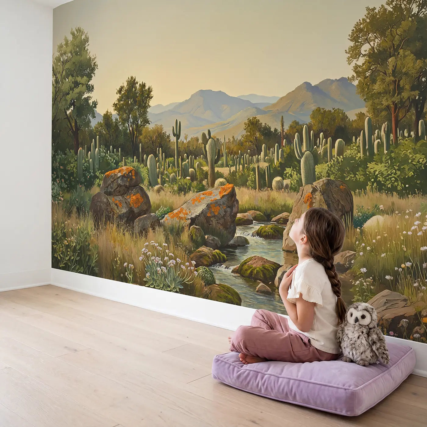 Child in nursery with Cactus Garden Panorama Mountain Wallpaper Mural by Whimsy Tots