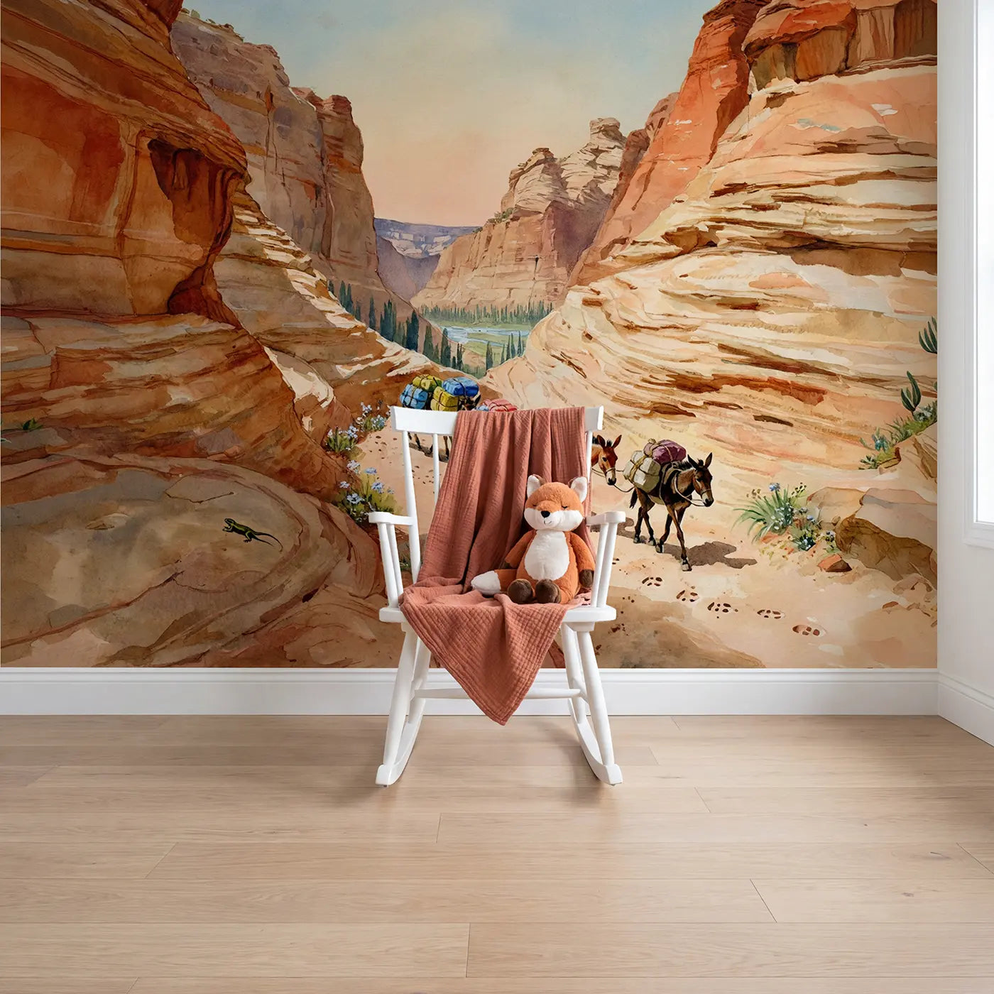 Watercolor canyon mule train desert wallpaper mural for girls nursery by Whimsy Tots