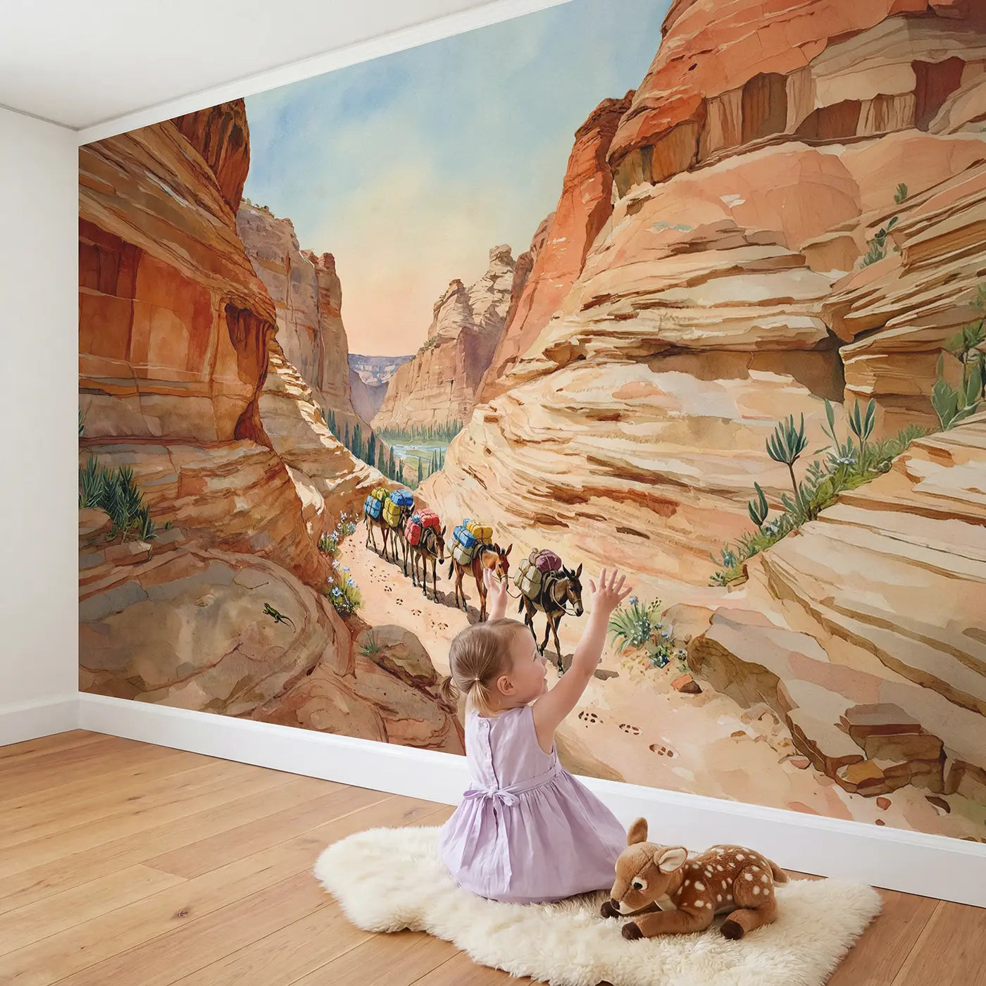 Child in nursery with Canyon Mule Train Morning Trek Wallpaper Mural by Whimsy Tots