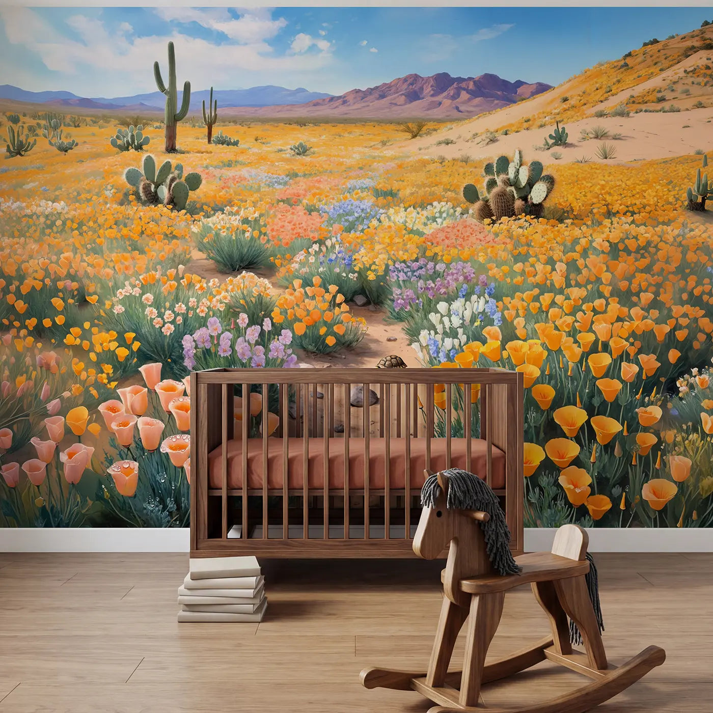 Soft pastel cactus and desert wallpaper mural for kids room by Whimsy Tots