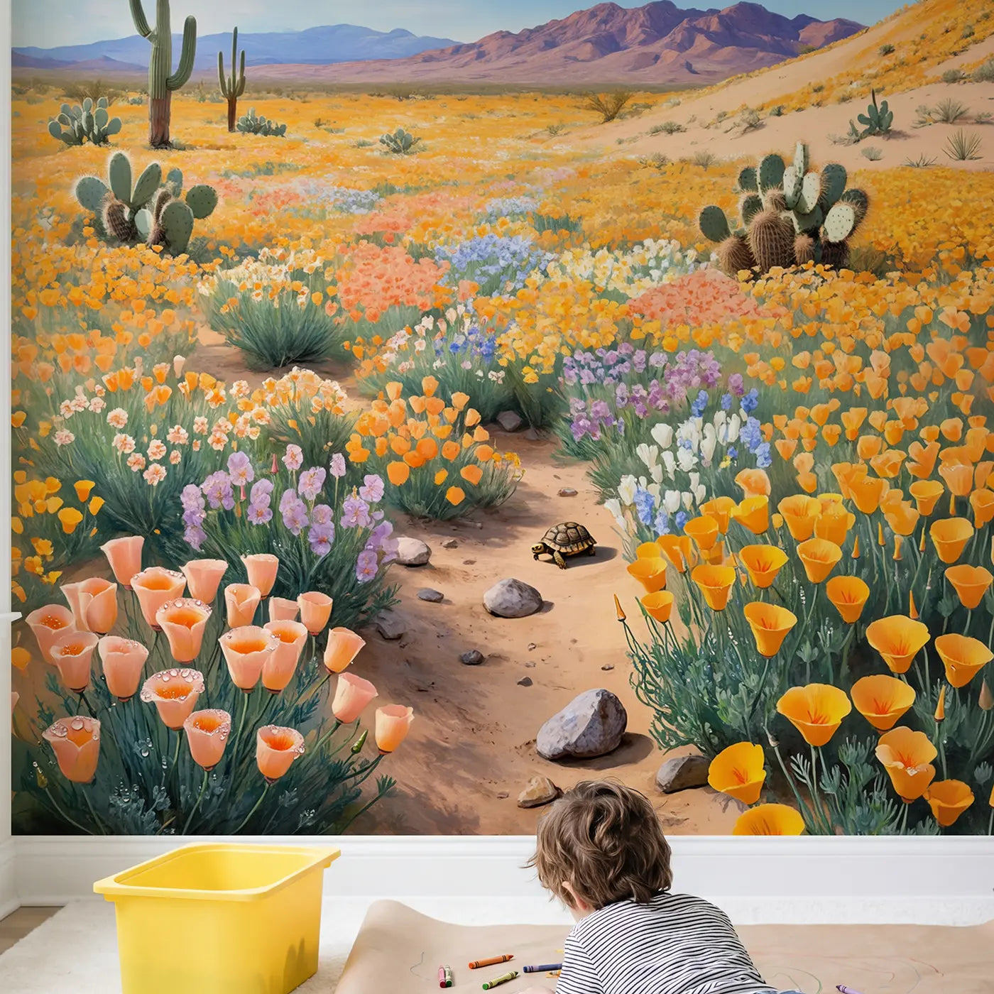 Child in nursery with Desert Wildflower Superbloom Wallpaper Mural by Whimsy Tots