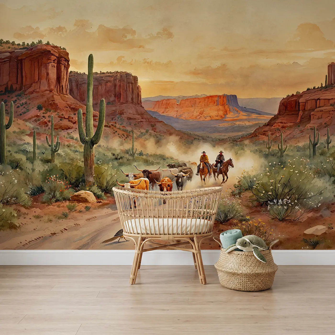 Watercolor horse western desert wallpaper mural for nursery by Whimsy Tots