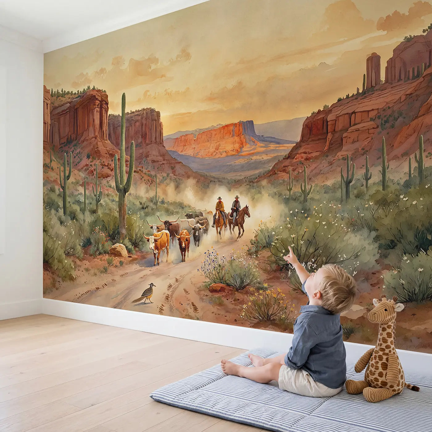 Child in nursery with Desert Cattle Drive Trail Wallpaper Mural by Whimsy Tots