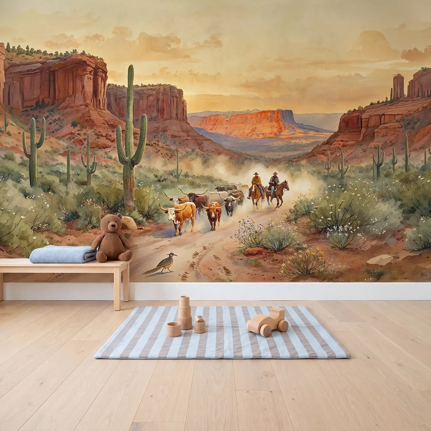 Desert Cattle Drive Trail Wallpaper Mural in playroom setting by Whimsy Tots