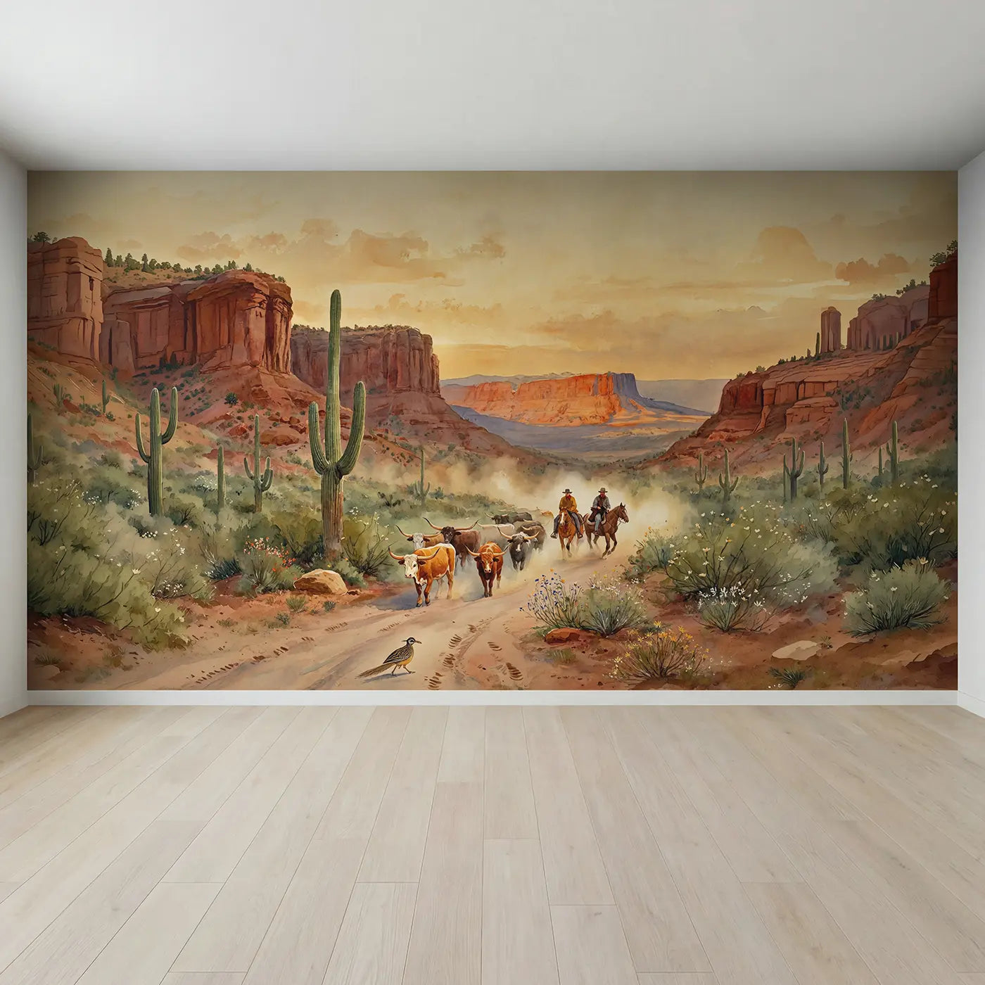 Full view of Desert Cattle Drive Trail Wallpaper Mural by Whimsy Tots