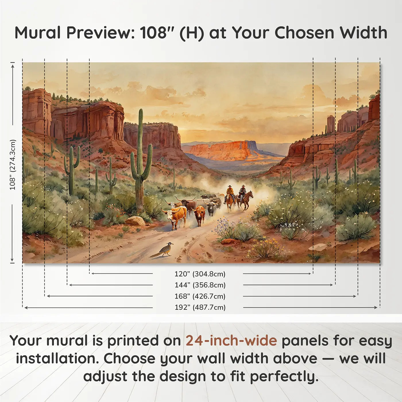 Panel layout and dimensions for Desert Cattle Drive Trail Wallpaper Mural by Whimsy Tots