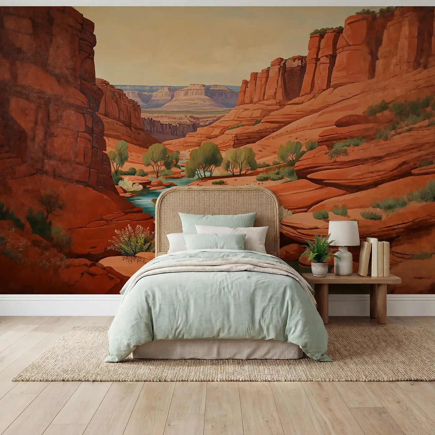 Gouache illustration canyon and desert wallpaper mural for kids room by Whimsy Tots