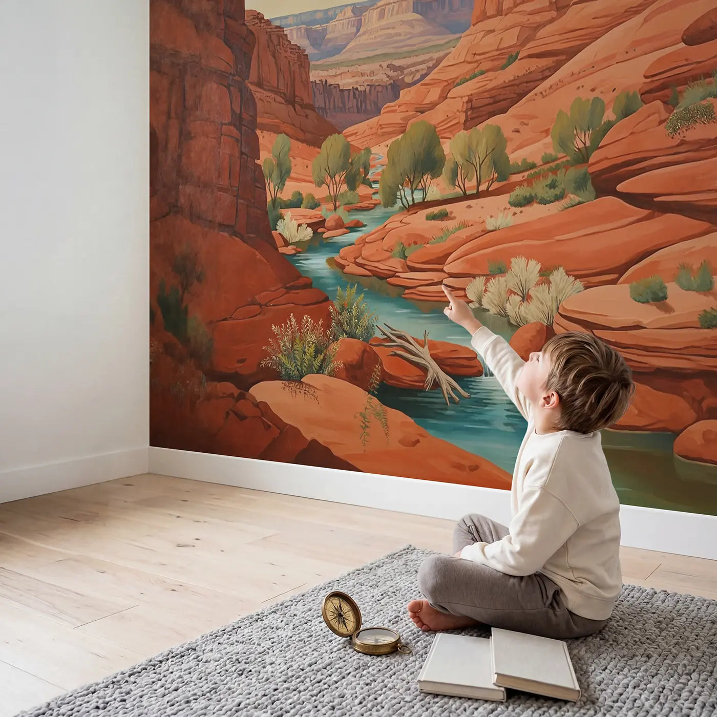 Child in nursery with Red Rock Creek Canyon Wallpaper Mural by Whimsy Tots