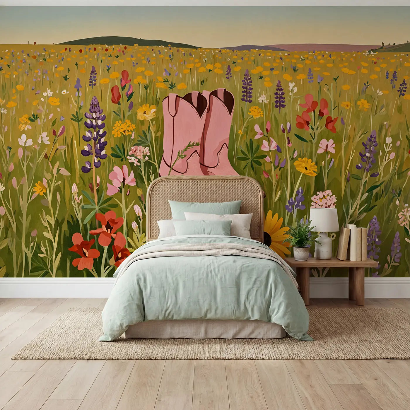 modern illustration pink cowboy boots meadow wallpaper mural for kids room by Whimsy Tots