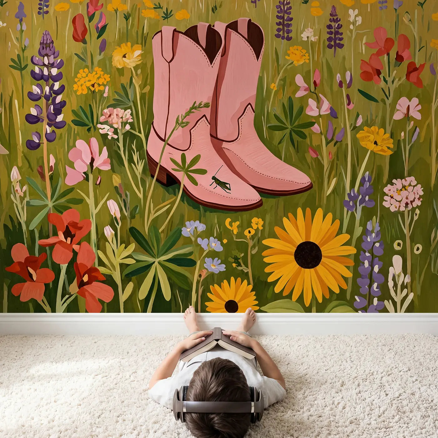 Child in nursery with Pink Cowboy Boots Meadow Wallpaper Mural by Whimsy Tots