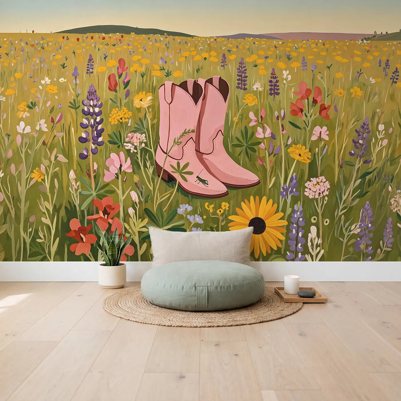 Pink Cowboy Boots Meadow Wallpaper Mural in playroom setting by Whimsy Tots