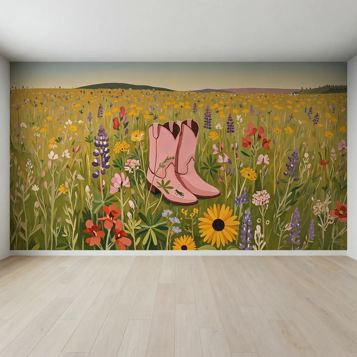 Full view of Pink Cowboy Boots Meadow Wallpaper Mural by Whimsy Tots