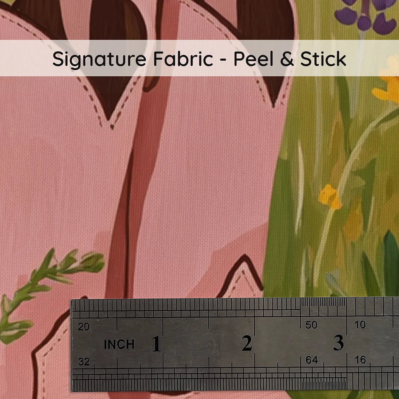Fabric texture close-up of Pink Cowboy Boots Meadow Wallpaper Mural by Whimsy Tots