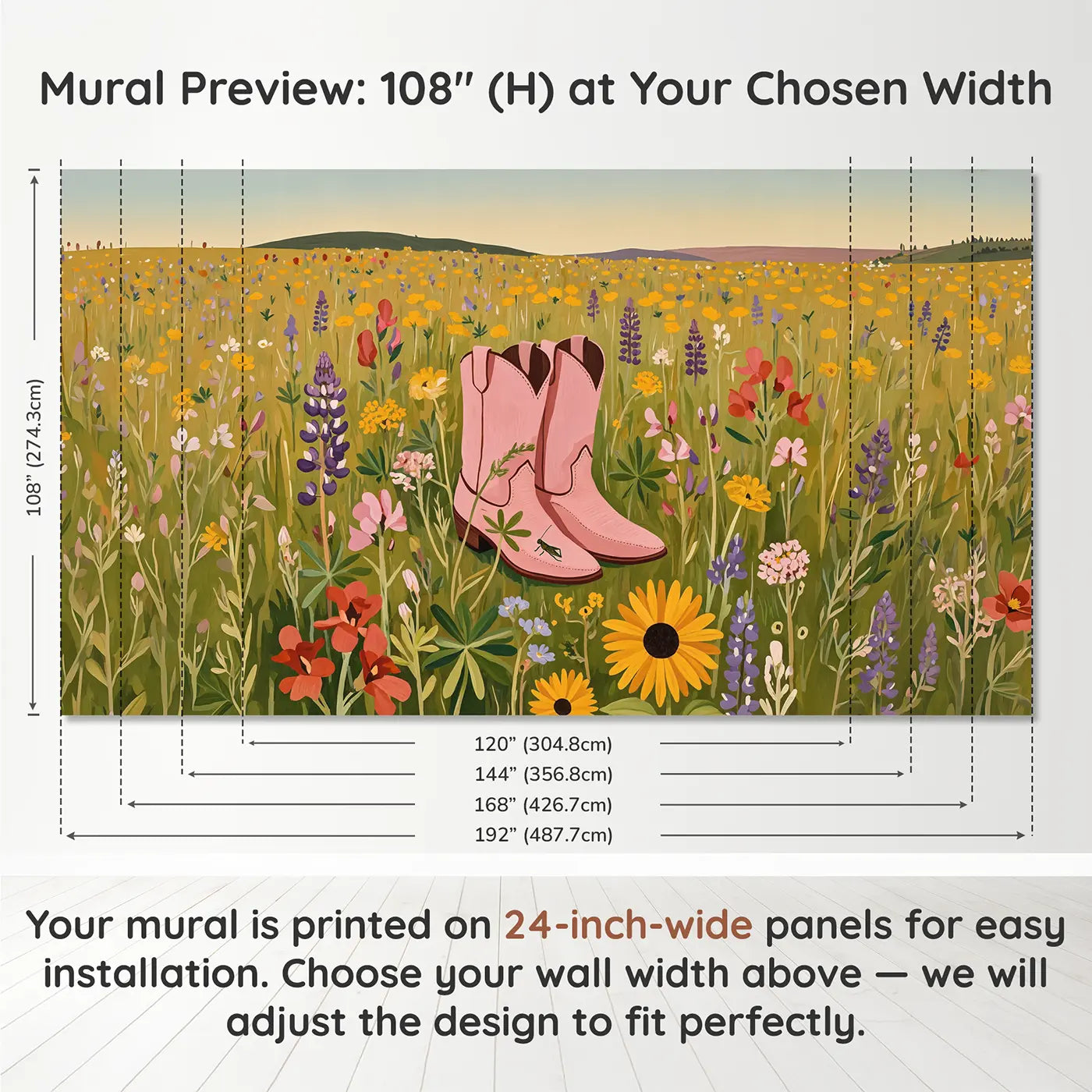 Panel layout and dimensions for Pink Cowboy Boots Meadow Wallpaper Mural by Whimsy Tots