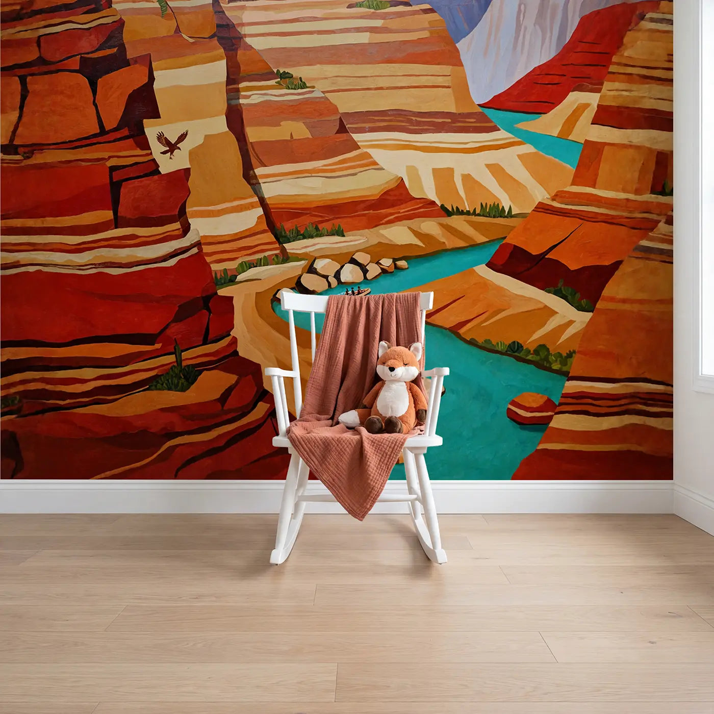 Modern illustration desert canyon river rafting wallpaper mural for nursery by Whimsy Tots