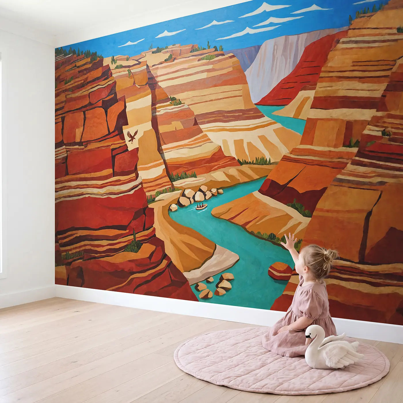 Child in nursery with Desert Canyon River Rafting Wallpaper Mural by Whimsy Tots